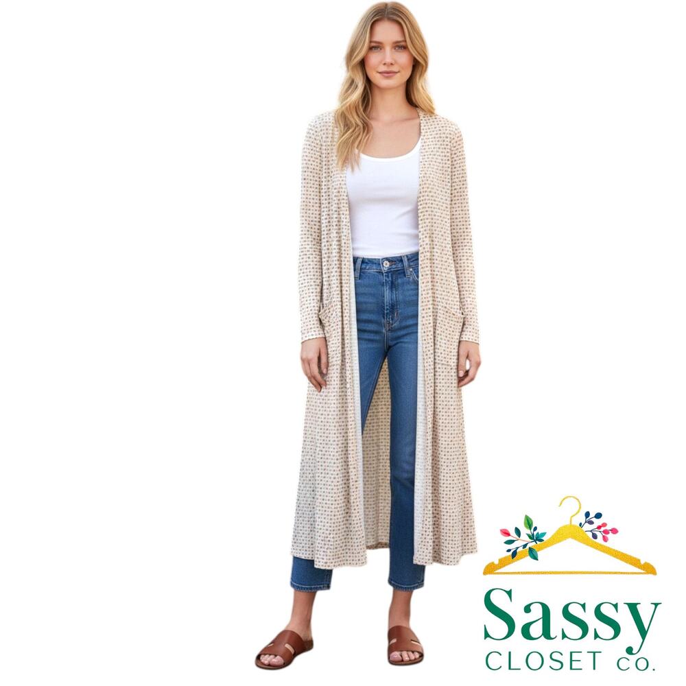 LuLaRoe Joy Duster Cardigan S Linen Blend Geometric Open Front Topper